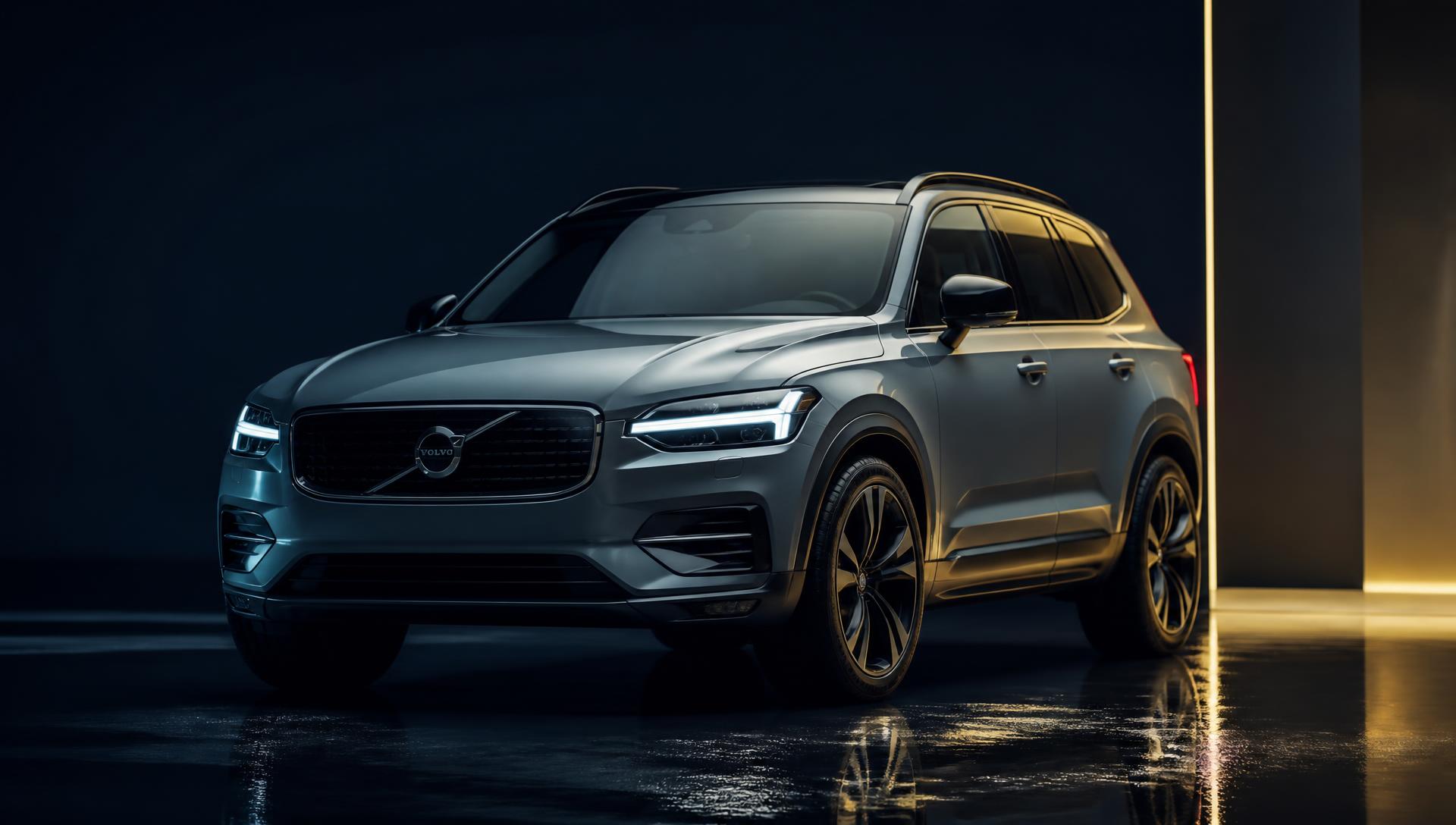 Silver SUV lit by yellow accent light in a dark navy studio